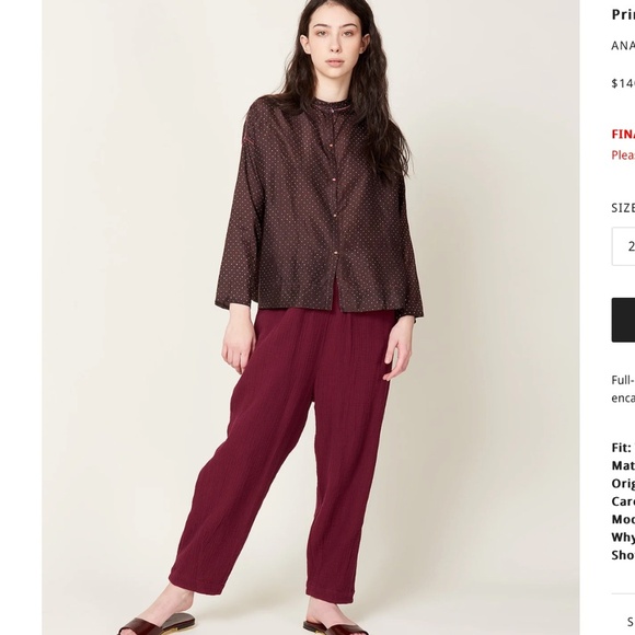 ANAAK PRIMA ARABESQUE PANTS cotton gauze Size 2 Medium cream white - Picture 13 of 14